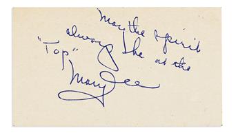 (ENTERTAINMENT--RADIO.) Twice-signed business card of pioneering disc jockey Mary Dee.
